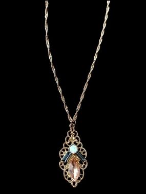 Gold-Tone Filigree Pendant Necklace with Champagne and Opal-Like Stones